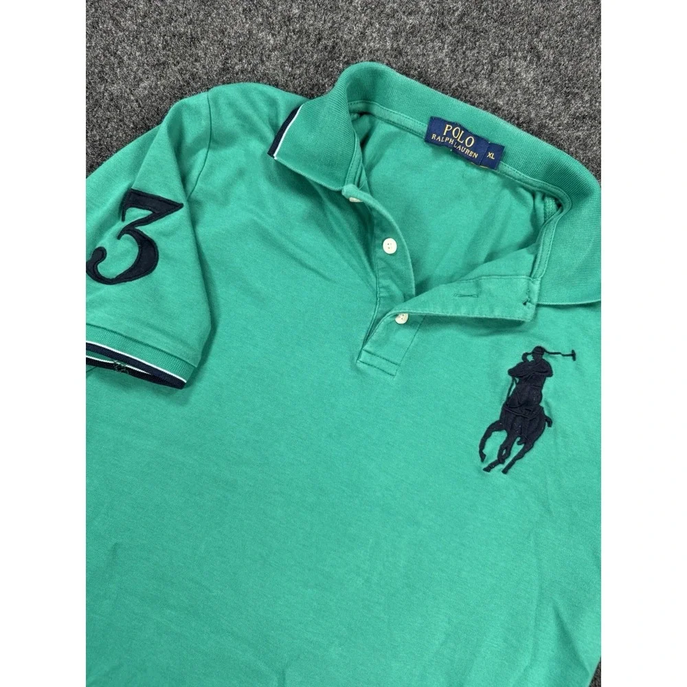 VTG Polo Ralph Lauren Big Pony #3 Polo Shirt Green Youth XL Boys Cotton